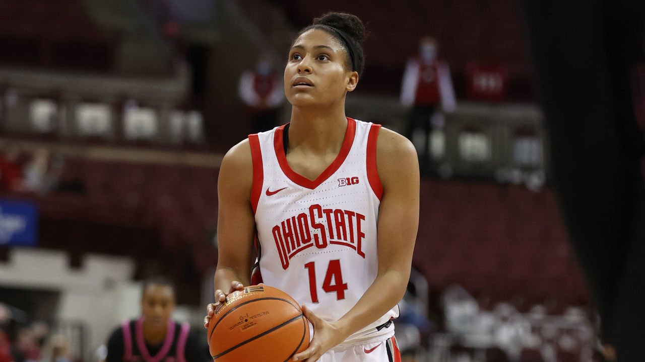 COLUMBUS, OH - FEBRUARY 24: Ohio State Buckeyes guard/forward Taylor Thierry (14) shoots a free throw in a game between the Penn State Nittany Lions and the Ohio State Buckeyes on February 24, 2022, at the Schottenstein Center in Columbus, Ohio.