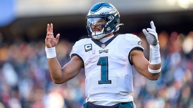 CHICAGO, IL - DECEMBER 18: Philadelphia Eagles quarterback Jalen Hurts (1) celebrates after a touchdown play in action during a game between the Philadelphia Eagles and the Chicago Bears on December 18, 2022, at Soldier Field in Chicago, IL.