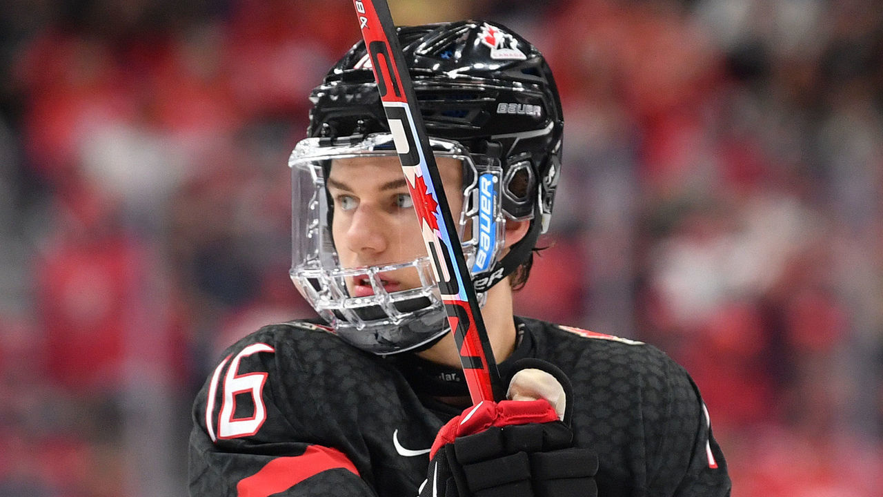 EDMONTON, AB - AUGUST 20: Connor Bedard #16 of Canada skates during the gold medal game against Finland in the IIHF World Junior Championship on August 20, 2022 at Rogers Place in Edmonton, Alberta, Canada