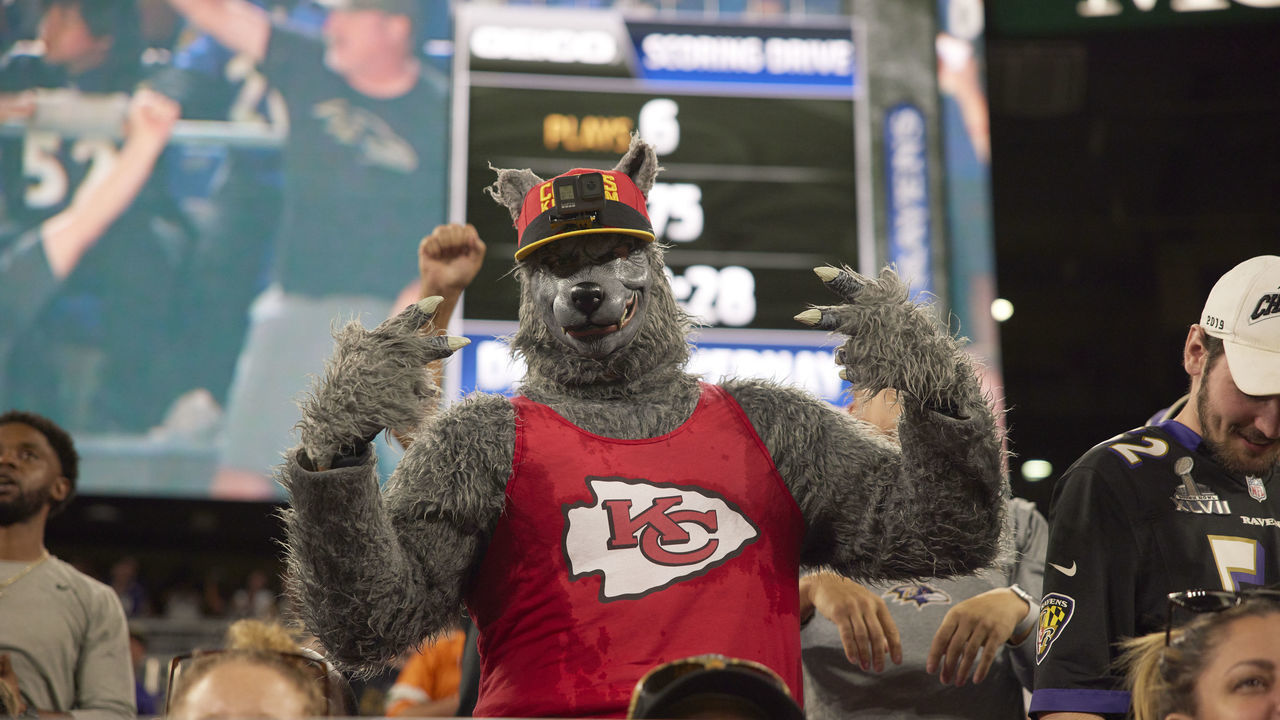 Football: Kansas City Chiefs fan in stands wearing wolf costume during game vs Baltimore Ravens at M&T Bank Stadium. Baltimore, MD 9/19/2021 CREDIT: Simon Bruty
