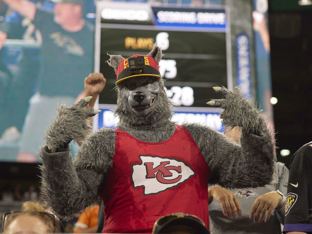 Football: Kansas City Chiefs fan in stands wearing wolf costume during game vs Baltimore Ravens at M&T Bank Stadium. Baltimore, MD 9/19/2021 CREDIT: Simon Bruty