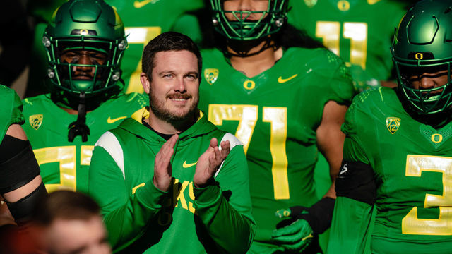 CORVALLIS, OR - NOVEMBER 26: Head Coach Dan Lanning of the Oregon Ducks gets ready to enter the filled before the game against the Oregon State Beavers at Reser Stadium on November 26, 2022 in Corvallis, Oregon.