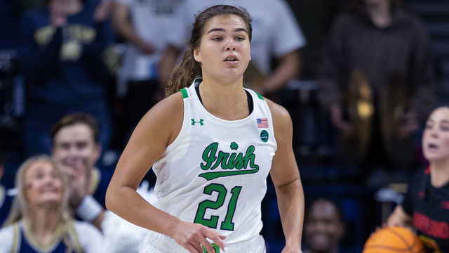 SOUTH BEND, IN - DECEMBER 01: Maddy Westbeld #21 of the Notre Dame Fighting Irish is seen during the game against the Maryland Terrapins at Joyce Center on December 1, 2022 in South Bend, Indiana.