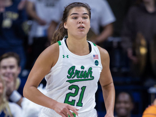 SOUTH BEND, IN - DECEMBER 01: Maddy Westbeld #21 of the Notre Dame Fighting Irish is seen during the game against the Maryland Terrapins at Joyce Center on December 1, 2022 in South Bend, Indiana.