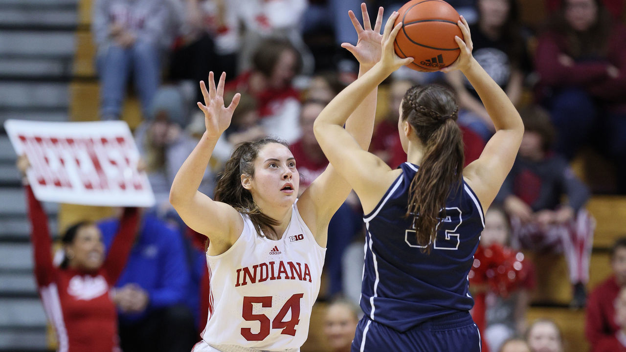 BLOOMINGTON, INDIANA - DECEMBER 21: Mackenzie Holmes #54 of the Indiana Hoosiers defends Sydney Jaynes #32 o the Butler Bulldogs at Simon Skjodt Assembly Hall on December 21, 2022 in Bloomington, Indiana.