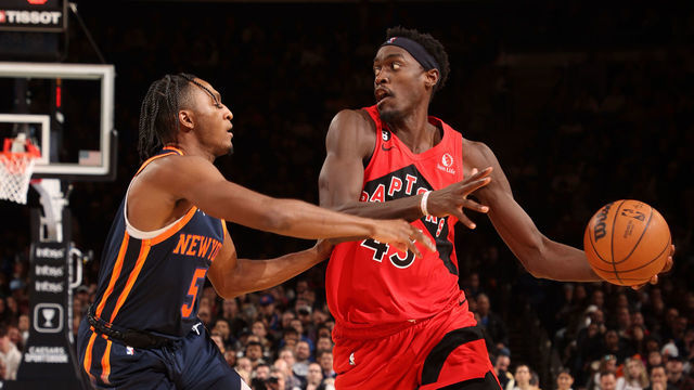 NEW YORK, NY - DECEMBER 21: Pascal Siakam #43 of the Toronto Raptors handles the ball during the game against the New York Knicks on December 21, 2022 at Madison Square Garden in New York City, New York. Mandatory Copyright Notice: Copyright 2022 NBAE