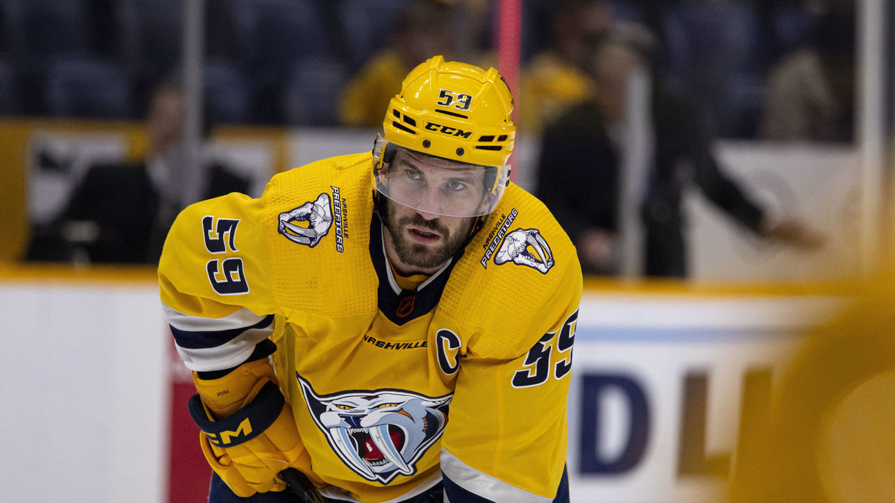 NASHVILLE, TN - DECEMBER 13: Roman Josi #59 of the Nashville Predators leans on his stick between plays against the Edmonton Oilers during the third period at Bridgestone Arena on December 13, 2022 in Nashville, Tennessee. Edmonton defeats Nashville 6-3.