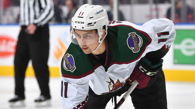 EDMONTON, CANADA - DECEMBER 7: Dylan Guenther #11 of the Arizona Coyotes looks on during a face-off during the game against the Edmonton Oilers on December 7, 2022 at Rogers Place in Edmonton, Alberta, Canada.