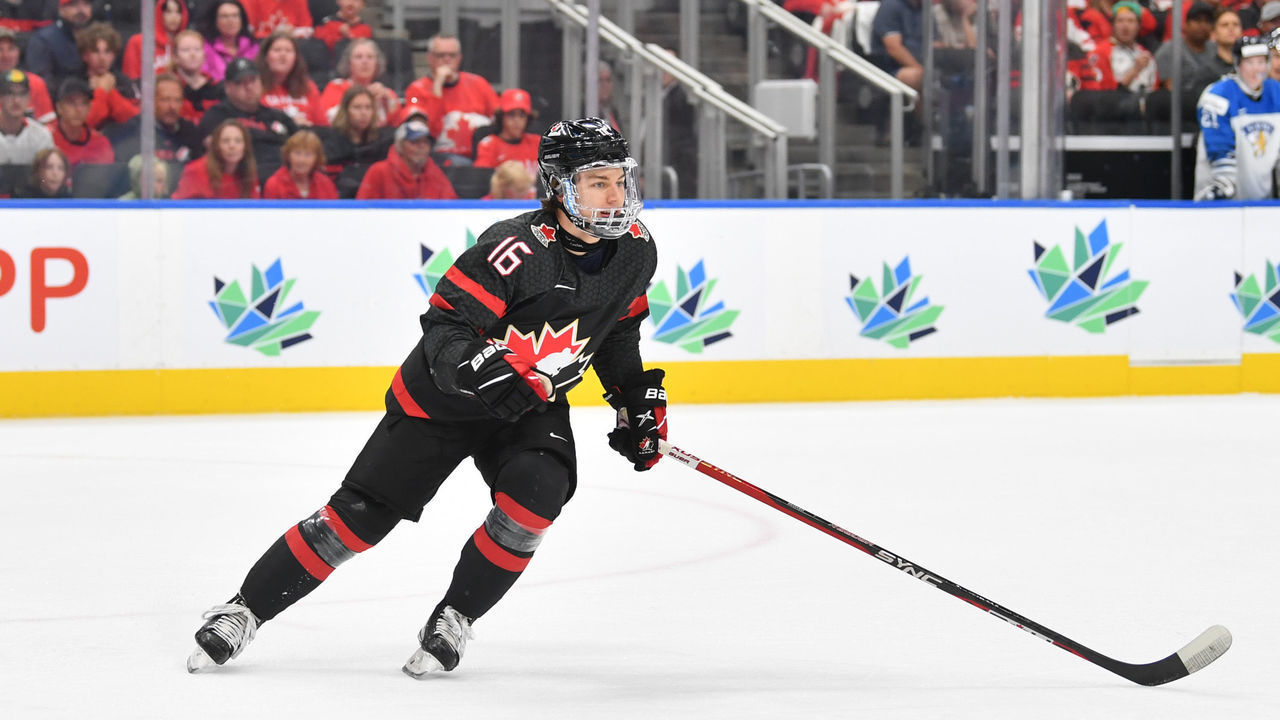 EDMONTON, AB - AUGUST 20: Connor Bedard #16 of Canada skates during the game against Finland in the IIHF World Junior Championship on August 20, 2022 at Rogers Place in Edmonton, Alberta, Canada