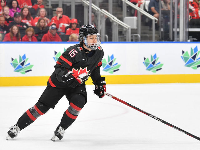 EDMONTON, AB - AUGUST 20: Connor Bedard #16 of Canada skates during the game against Finland in the IIHF World Junior Championship on August 20, 2022 at Rogers Place in Edmonton, Alberta, Canada