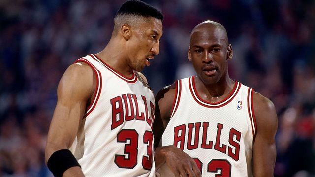 CHICAGO - JUNE 16: Scottie Pippen #33 and Michael Jordan #23 of the Chicago Bulls discuss strategy against the Phoenix Suns in Game Four of the 1993 NBA Finals on June 16, 1993 at the Chicago Stadium in Chicago, Illinois. The Bulls won 111-105. NOTE TO USER: User expressly acknowledges and agrees that, by downloading and/or using this Photograph, user is consenting to the terms and conditions of the Getty Images License Agreement. Mandatory Copyright Notice: Copyright 1993 NBAE