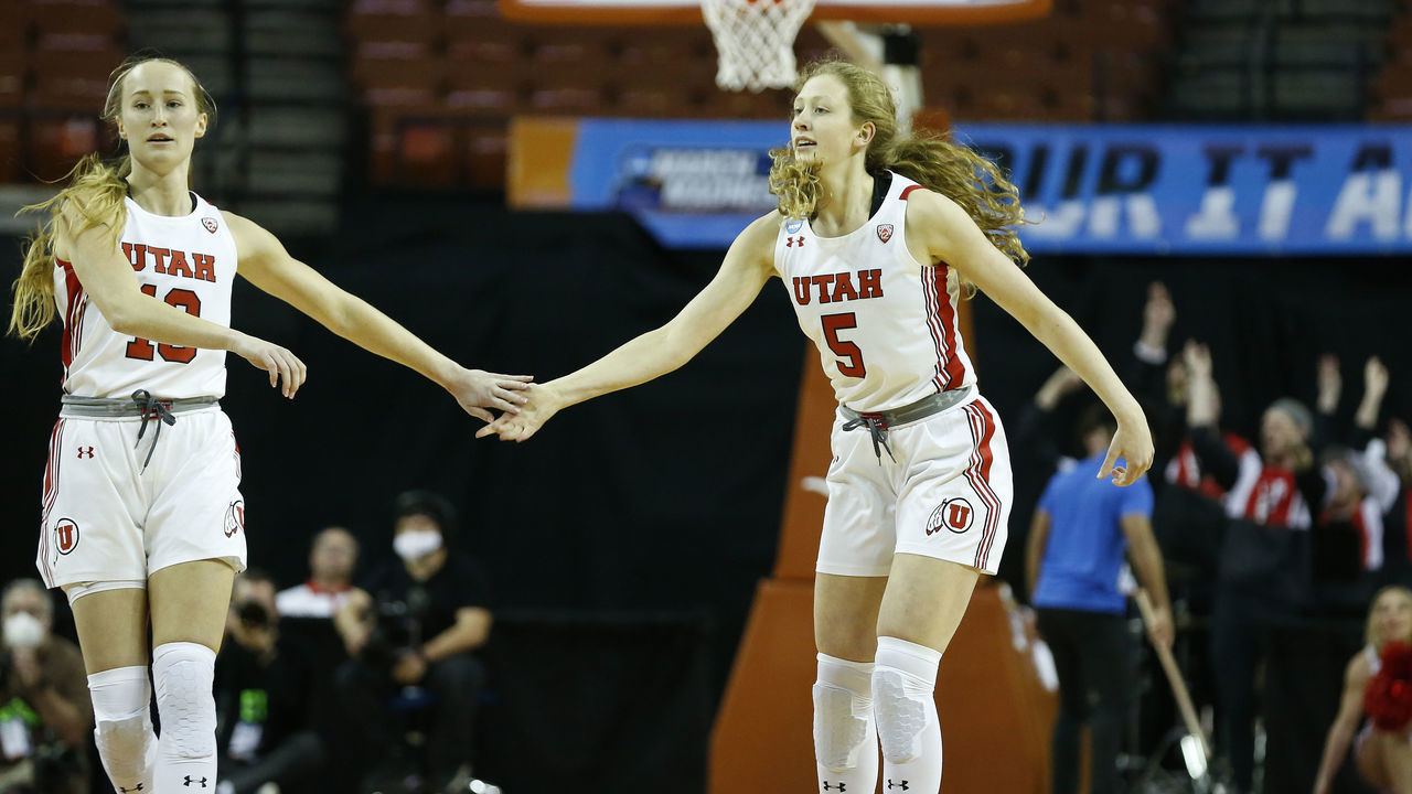 AUSTIN, TX - MARCH 18: Utah Utes guard Dru Gylten (10) and Utah Utes guard Gianna Kneepkens (5) celebrate after Gylten makes a shot against the Arkansas Razorbacks during the first round game of the 2022 NCAA Womens Basketball Tournament at the Frank Erwin Center in Austin, TX on March 18,2022.