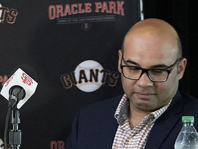 SAN FRANCISCO, CALIFORNIA - NOVEMBER 04: (L-R) Larry Baer, Kristen Posey, Buster Posey, Greg Johnson and President of baseball operations Farhan Zaidi for the San Francisco Giants at a press conference announcing the retirement of Buster Posey from Major League Baseball at Oracle Park on November 04, 2021 in San Francisco, California.