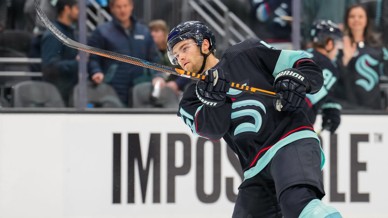 SEATTLE, WASHINGTON - DECEMBER 06: Shane Wright #51 of the Seattle Kraken warms up before a game against the Montreal Canadiens at Climate Pledge Arena on December 06, 2022 in Seattle, Washington.