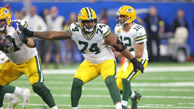 Green Bay Packers guard Elgton Jenkins (74) is seen during the second half of an NFL football game against the Detroit Lions in Detroit, Michigan USA, on Sunday, November 6, 2022
