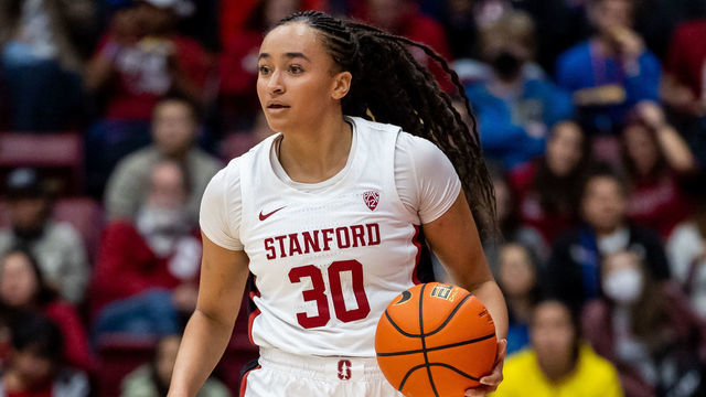 PALO ALTO, CA - DECEMBER 18: Stanford Cardinal guard Haley Jones (30) brings the ball down the court during the womens college basketball game between the Tennessee Volunteers and the Stanford Cardinal on December 18, 2022 at Maples Pavilion in Palo Alto, CA.
