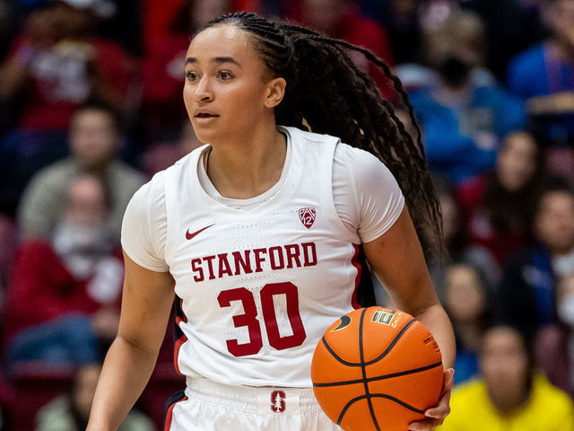 PALO ALTO, CA - DECEMBER 18: Stanford Cardinal guard Haley Jones (30) brings the ball down the court during the womens college basketball game between the Tennessee Volunteers and the Stanford Cardinal on December 18, 2022 at Maples Pavilion in Palo Alto, CA.