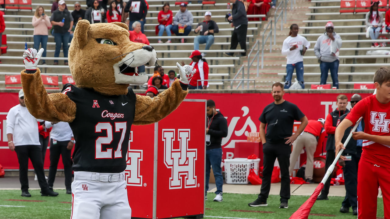 HOUSTON, TX - OCTOBER 29: Houston Cougars mascot Shasta entertains fans during the college football game between the South Florida Bulls and Houston Cougars on October 29, 2022 at TDECU Stadium in Houston, Texas.