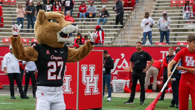 HOUSTON, TX - OCTOBER 29: Houston Cougars mascot Shasta entertains fans during the college football game between the South Florida Bulls and Houston Cougars on October 29, 2022 at TDECU Stadium in Houston, Texas.