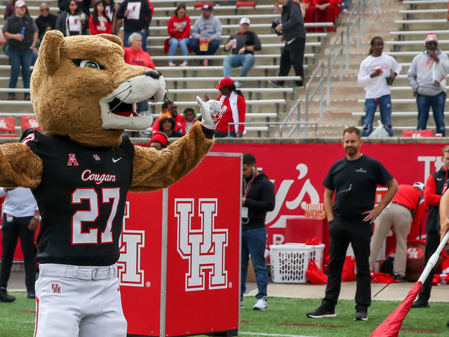 HOUSTON, TX - OCTOBER 29: Houston Cougars mascot Shasta entertains fans during the college football game between the South Florida Bulls and Houston Cougars on October 29, 2022 at TDECU Stadium in Houston, Texas.