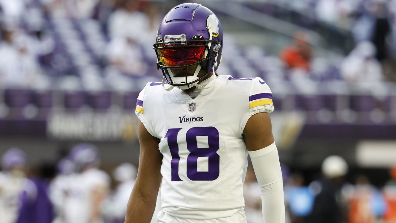 MINNEAPOLIS, MINNESOTA - DECEMBER 24: Justin Jefferson #18 of the Minnesota Vikings looks onward during pregame against the New York Giants at U.S. Bank Stadium on December 24, 2022 in Minneapolis, Minnesota.