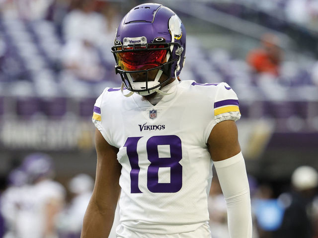 MINNEAPOLIS, MINNESOTA - DECEMBER 24: Justin Jefferson #18 of the Minnesota Vikings looks onward during pregame against the New York Giants at U.S. Bank Stadium on December 24, 2022 in Minneapolis, Minnesota.