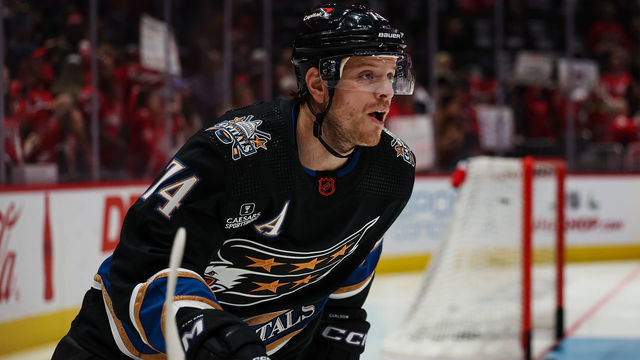 WASHINGTON, DC - NOVEMBER 25: John Carlson #74 of the Washington Capitals reacts before the game against the Calgary Flames at Capital One Arena on November 25, 2022 in Washington, DC.