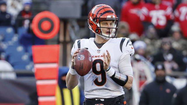 FOXBOROUGH, MASSACHUSETTS - DECEMBER 24: Joe Burrow #9 of the Cincinnati Bengals attempts a pass during the second quarter against the New England Patriots at Gillette Stadium on December 24, 2022 in Foxborough, Massachusetts.