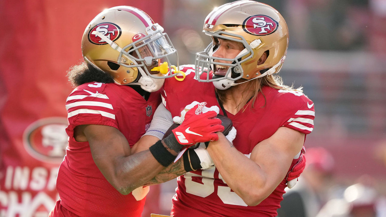 SANTA CLARA, CALIFORNIA - DECEMBER 24: George Kittle #85 of the San Francisco 49ers celebrates with Ray-Ray McCloud III #3 after a touchdown during the third quarter in the game against the Washington Commanders at Levi's Stadium on December 24, 2022 in Santa Clara, California.