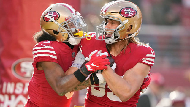 SANTA CLARA, CALIFORNIA - DECEMBER 24: George Kittle #85 of the San Francisco 49ers celebrates with Ray-Ray McCloud III #3 after a touchdown during the third quarter in the game against the Washington Commanders at Levi's Stadium on December 24, 2022 in Santa Clara, California.