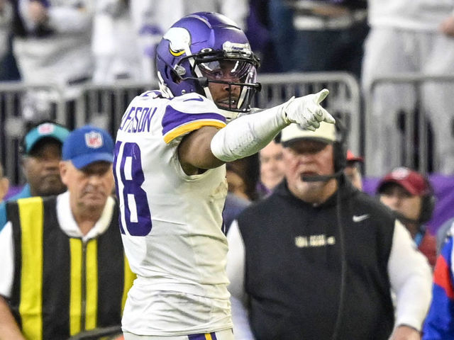 MINNEAPOLIS, MN - DECEMBER 24: Minnesota Vikings wide receiver Justin Jefferson (18) celebrates a key first down reception late in the fourth quarter during a game between the Minnesota Vikings and New York Giants on December 24, 2022, at U.S. Bank Stadium in Minneapolis, MN.