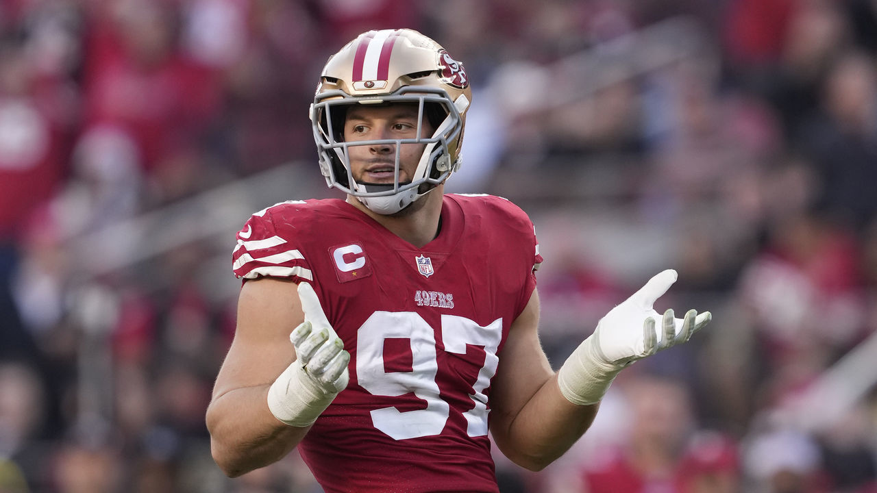 SANTA CLARA, CALIFORNIA - DECEMBER 24: Nick Bosa #97 of the San Francisco 49ers reacts after forcing a fumble during the fourth quarter in the game against the Washington Commanders at Levi's Stadium on December 24, 2022 in Santa Clara, California.