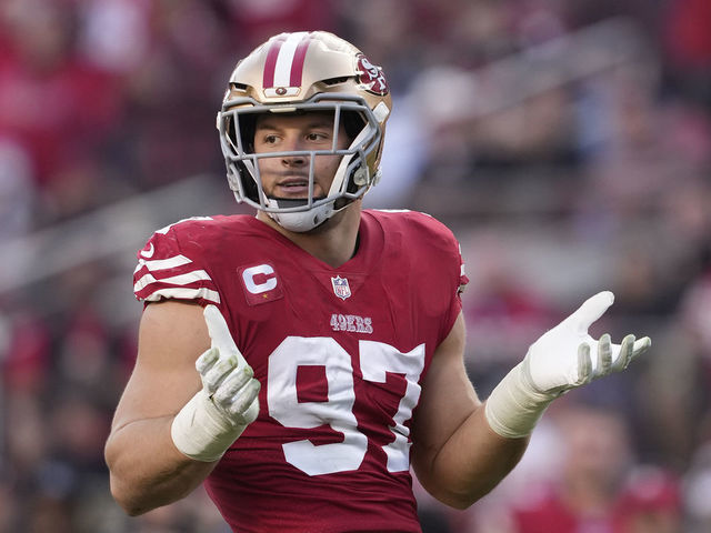 SANTA CLARA, CALIFORNIA - DECEMBER 24: Nick Bosa #97 of the San Francisco 49ers reacts after forcing a fumble during the fourth quarter in the game against the Washington Commanders at Levi's Stadium on December 24, 2022 in Santa Clara, California.