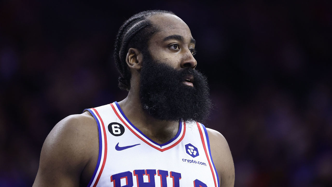 PHILADELPHIA, PENNSYLVANIA - DECEMBER 19: James Harden #1 of the Philadelphia 76ers looks on during the fourth quarter atori at Wells Fargo Center on December 19, 2022 in Philadelphia, Pennsylvania.