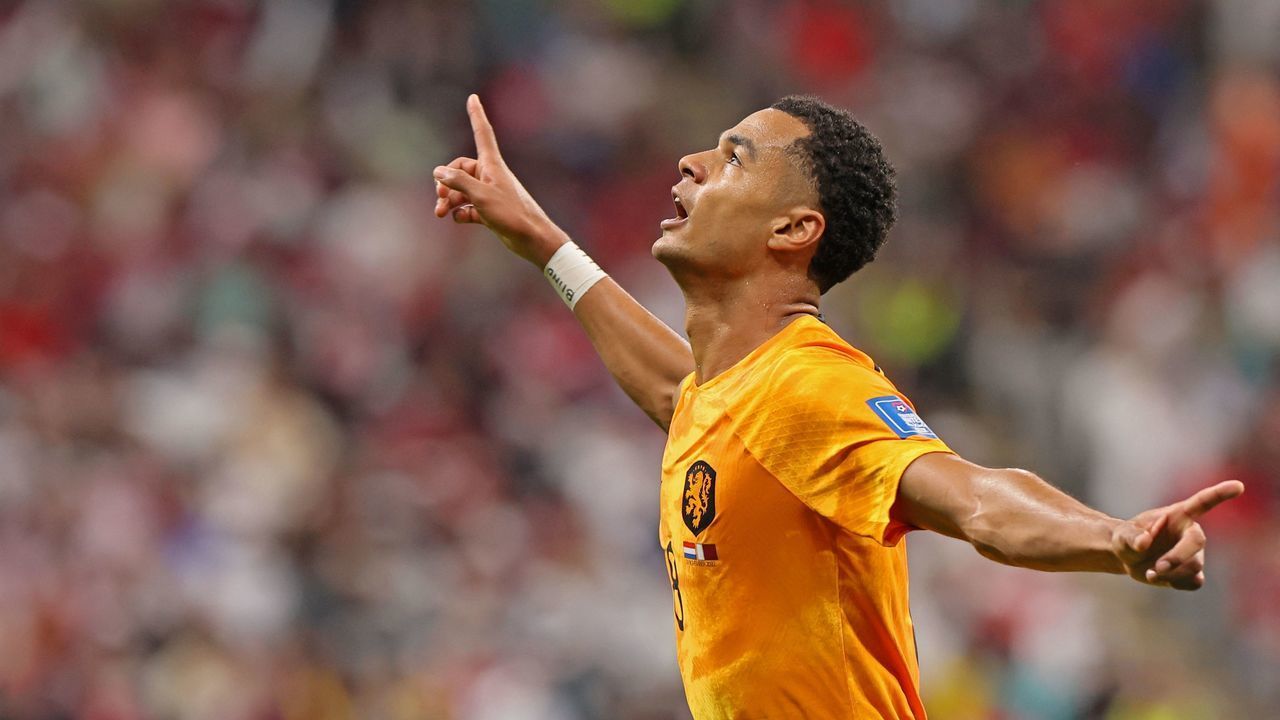 TOPSHOT - Netherlands' forward #08 Cody Gakpo celebrates scoring the opening goal during the Qatar 2022 World Cup Group A football match between the Netherlands and Qatar at the Al-Bayt Stadium in Al Khor, north of Doha on November 29, 2022.