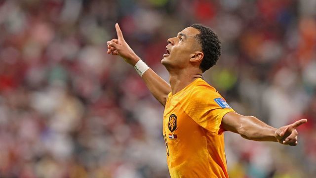 TOPSHOT - Netherlands' forward #08 Cody Gakpo celebrates scoring the opening goal during the Qatar 2022 World Cup Group A football match between the Netherlands and Qatar at the Al-Bayt Stadium in Al Khor, north of Doha on November 29, 2022.