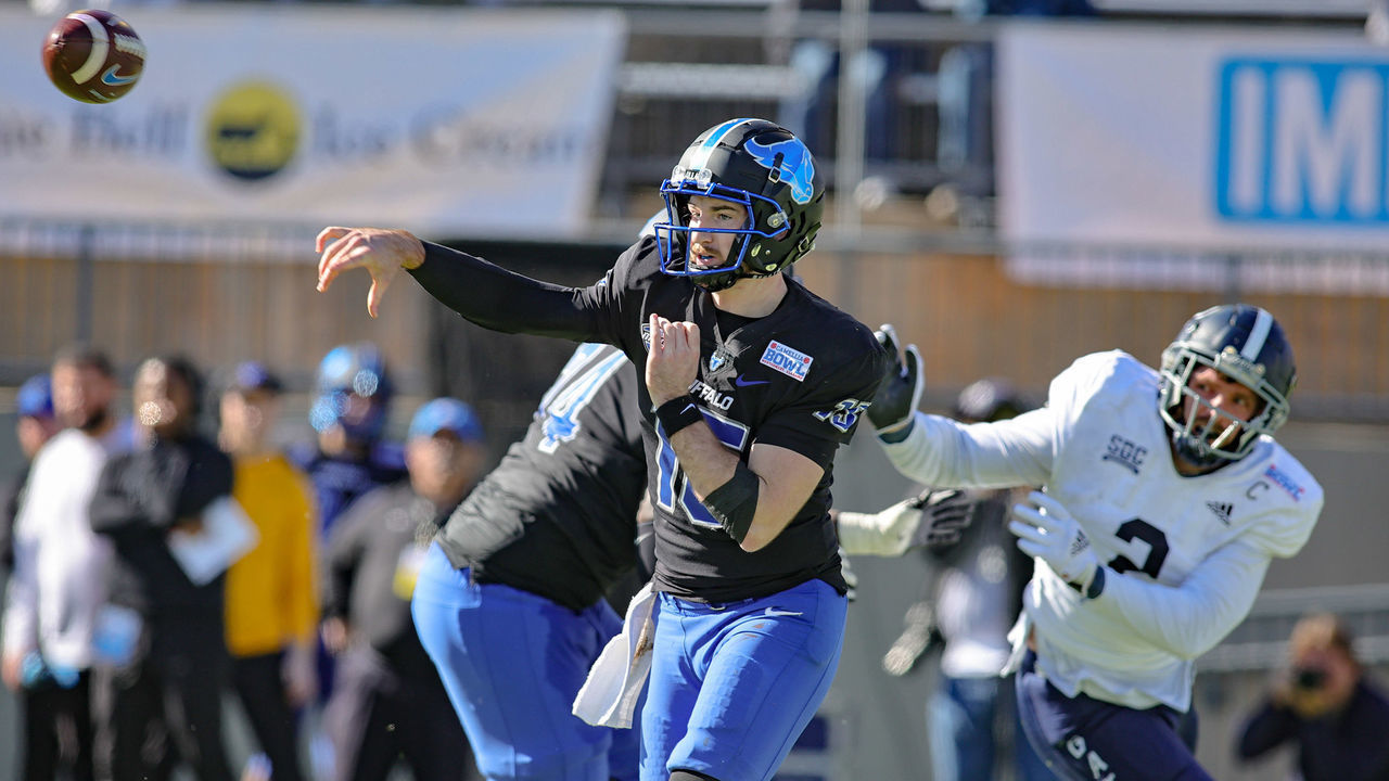 MONTGOMERY, AL - DECEMBER 27: Cole Snyder #15 of the Buffalo Bulls throws the ball during the first half of the TaxAct Camellia Bowl against the Georgia Southern Eagles at Cramton Bowl on December 27, 2022 in Montgomery, Alabama.