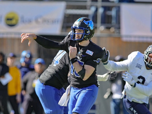 MONTGOMERY, AL - DECEMBER 27: Cole Snyder #15 of the Buffalo Bulls throws the ball during the first half of the TaxAct Camellia Bowl against the Georgia Southern Eagles at Cramton Bowl on December 27, 2022 in Montgomery, Alabama.