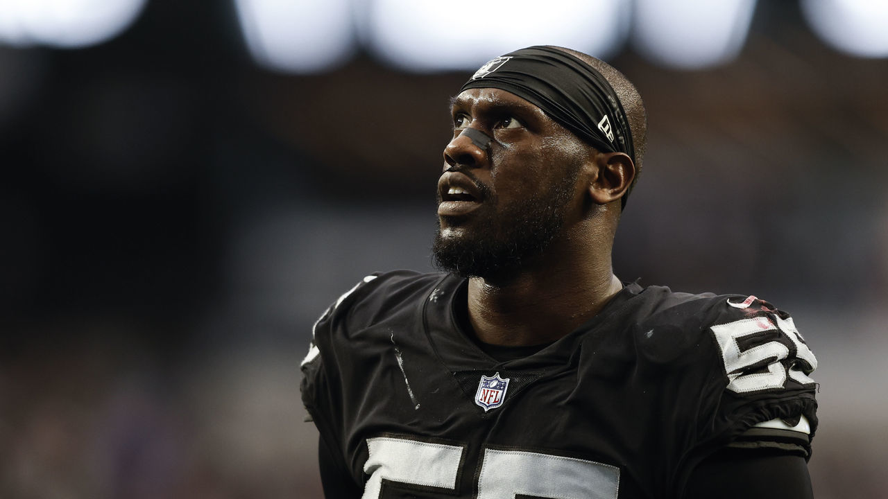 LAS VEGAS, NEVADA - DECEMBER 18: Chandler Jones #55 of the Las Vegas Raiders looks on during an NFL football game between the Las Vegas Raiders and the New England Patriots at Allegiant Stadium on December 18, 2022 in Las Vegas, Nevada.