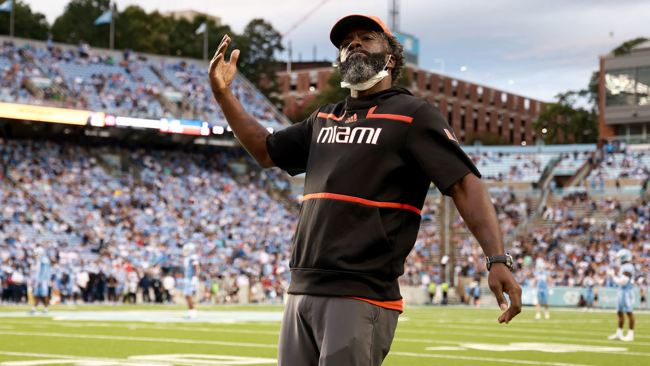 CHAPEL HILL, NORTH CAROLINA - OCTOBER 16: Former Miami Hurricanes and NFL player Ed Reed fires up the fans during the second half of their game against the North Carolina Tar Heels at Kenan Memorial Stadium on October 16, 2021 in Chapel Hill, North Carolina. North Carolina won 45-42.