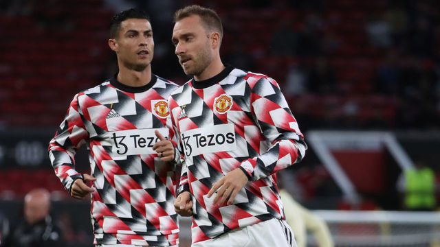 MANCHESTER, ENGLAND - SEPTEMBER 08: Cristiano Ronaldo, Christian Eriksen of Manchester United warms up ahead of the UEFA Europa League group E match between Manchester United and Real Sociedad at Old Trafford on September 08, 2022 in Manchester, England.