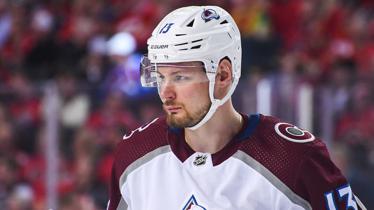 CALGARY, CANADA - OCTOBER 13: Valeri Nichushkin #13 of the Colorado Avalanche in action against the Calgary Flames during an NHL game at Scotiabank Saddledome on October 13, 2022 in Calgary, Alberta, Canada.