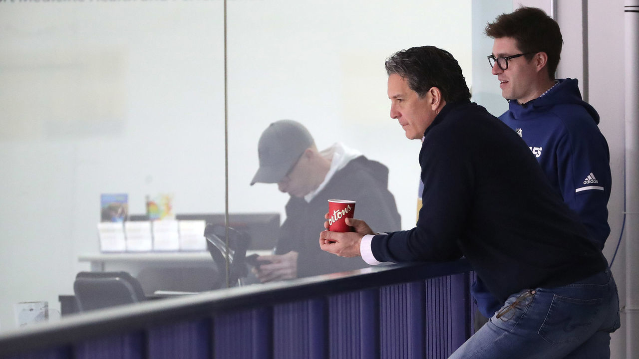 TORONTO, ON- APRIL 16 - Brendan Shanahan and Kyle Dubas chat was they watch the Toronto Maple Leafs practice before game four against the Boston Bruins in their first round play-off series in Toronto. April 16, 2019. (Steve Russell/Toronto Star via Getty Images)