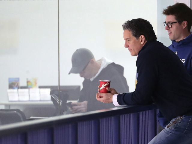 TORONTO, ON- APRIL 16 - Brendan Shanahan and Kyle Dubas chat was they watch the Toronto Maple Leafs practice before game four against the Boston Bruins in their first round play-off series in Toronto. April 16, 2019. (Steve Russell/Toronto Star via Getty Images)