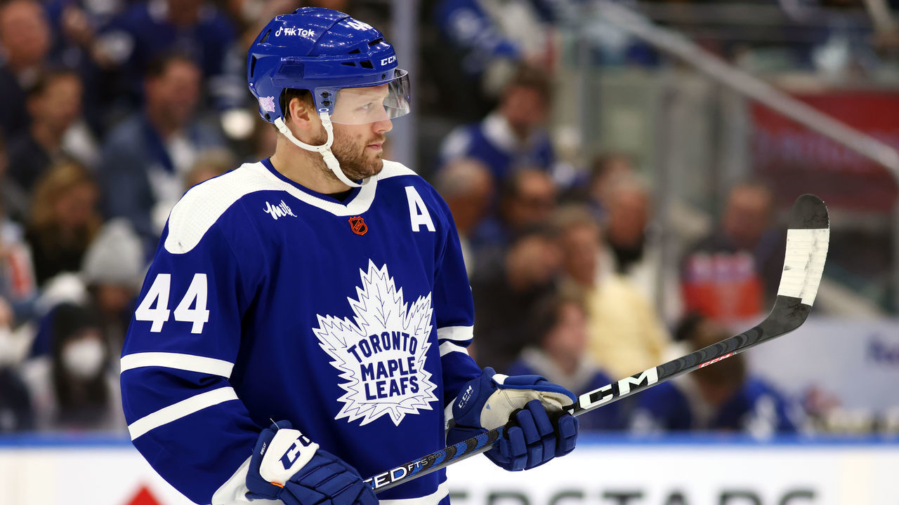 TORONTO, ON - NOVEMBER 19: Morgan Rielly #44 of the Toronto Maple Leafs skates against the Buffalo Sabres at the Scotiabank Arena on November 19, 2022 in Toronto, Ontario, Canada.