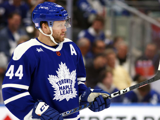 TORONTO, ON - NOVEMBER 19: Morgan Rielly #44 of the Toronto Maple Leafs skates against the Buffalo Sabres at the Scotiabank Arena on November 19, 2022 in Toronto, Ontario, Canada.