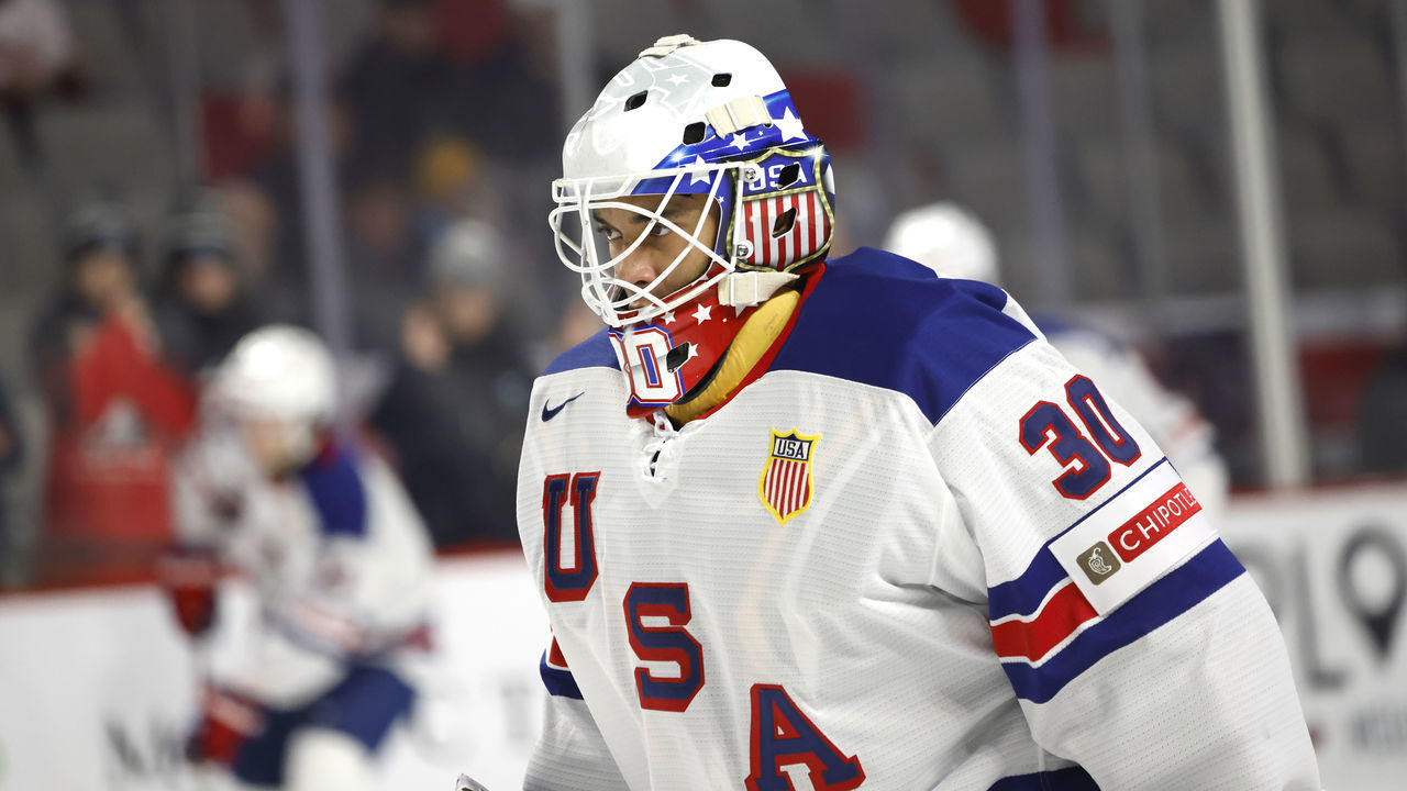 MONCTON, NB - DECEMBER 28: Kaiden Mbereko #30 of team USA warms up before a game against team Slovakia during the 2023 IIHF World Junior Championship at Avenir Centre on December 28, 2022 in Moncton, Canada.
