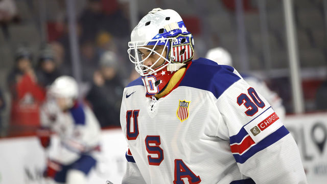 MONCTON, NB - DECEMBER 28: Kaiden Mbereko #30 of team USA warms up before a game against team Slovakia during the 2023 IIHF World Junior Championship at Avenir Centre on December 28, 2022 in Moncton, Canada.