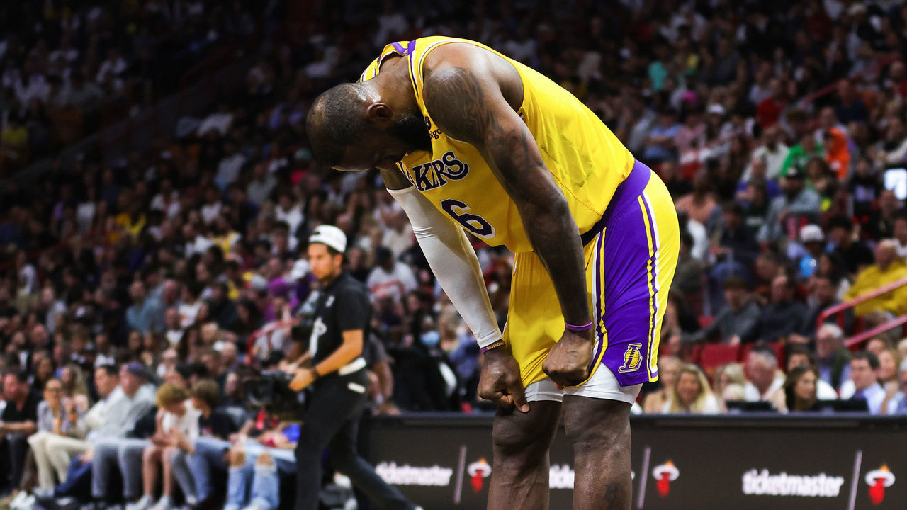 MIAMI, FLORIDA - DECEMBER 28: LeBron James #6 of the Los Angeles Lakers reacts during the fourth quarter of the game against the Miami Heat at FTX Arena on December 28, 2022 in Miami, Florida.