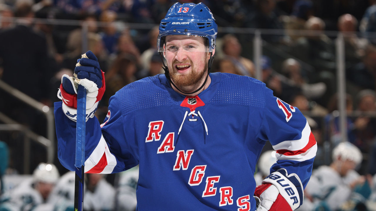 NEW YORK, NEW YORK - OCTOBER 20: Alexis Lafreniere #13 of the New York Rangers skates against the San Jose Sharks at Madison Square Garden on October 20, 2022 in New York City.